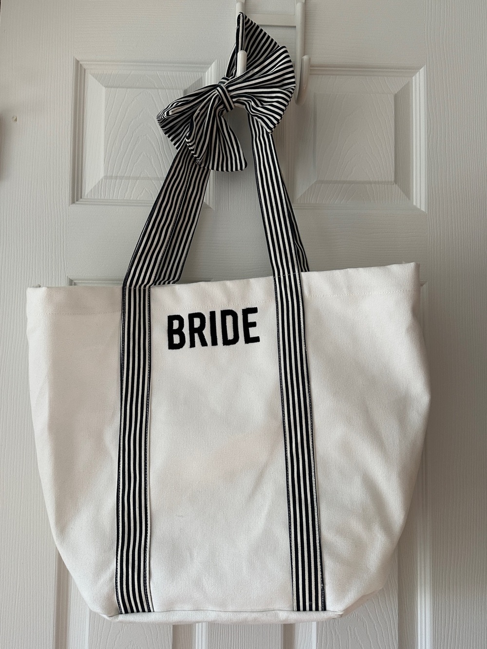 Bride Wedding Day Canvas Tote Bag with Black Stripe Handles